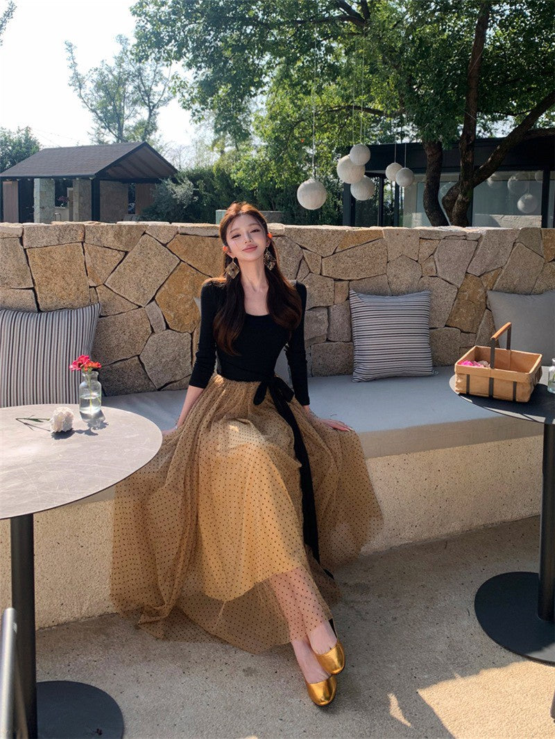 NA+ 許妍千金 蝴蝶綁帶復古撞色連身裙