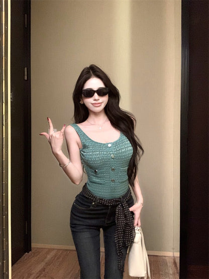 NA+ 定染面料粗呢小香挖背背心 孔雀綠