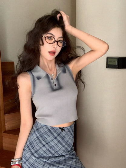 【Na+】復古港風 鈕扣polo領噴漆塗鴉背心 黑/灰