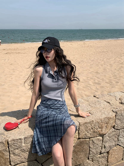 【Na+】復古港風 鈕扣polo領噴漆塗鴉背心 黑/灰