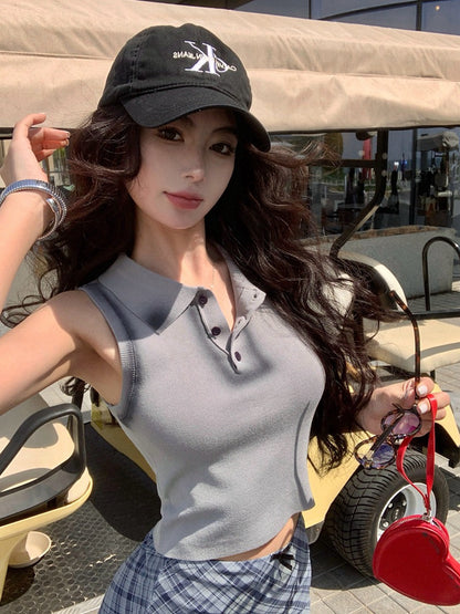 【Na+】復古港風 鈕扣polo領噴漆塗鴉背心 黑/灰