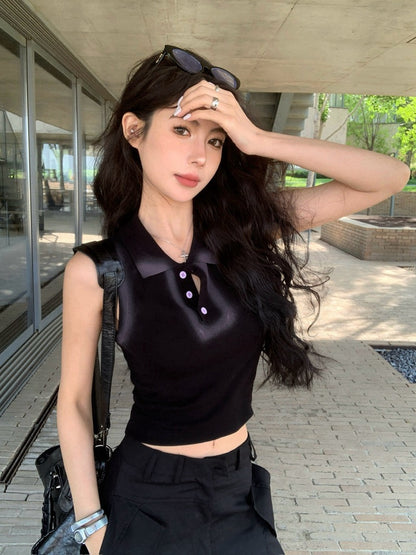 【Na+】復古港風 鈕扣polo領噴漆塗鴉背心 黑/灰