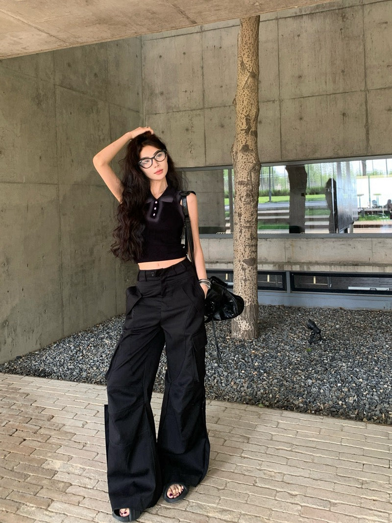 【Na+】復古港風 鈕扣polo領噴漆塗鴉背心 黑/灰