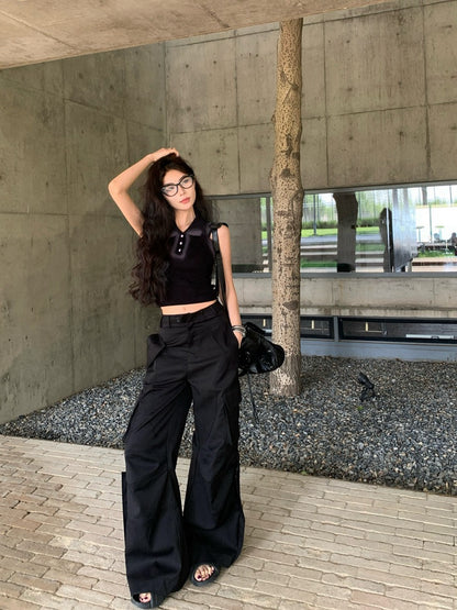 【Na+】復古港風 鈕扣polo領噴漆塗鴉背心 黑/灰