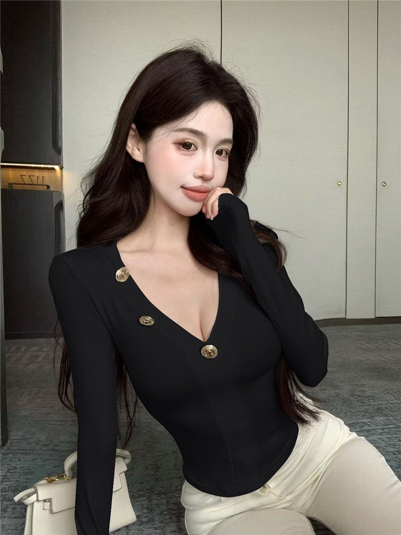 "Na+"S曲線 金釦大V領顯瘦百搭上衣 黑/白