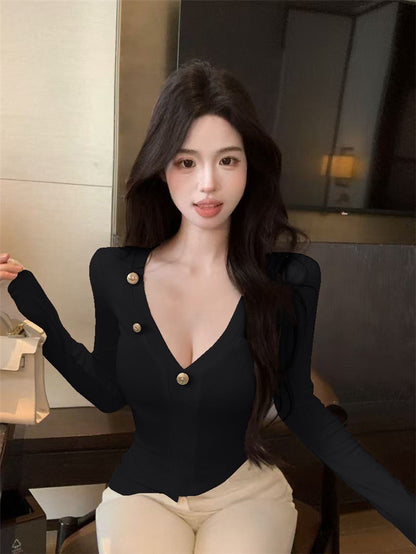 "Na+"S曲線 金釦大V領顯瘦百搭上衣 黑/白