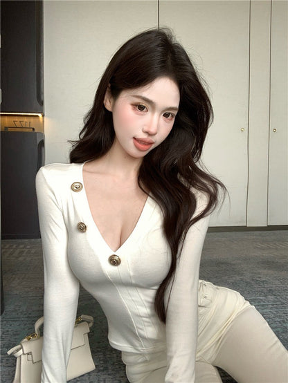 "Na+"S曲線 金釦大V領顯瘦百搭上衣 黑/白