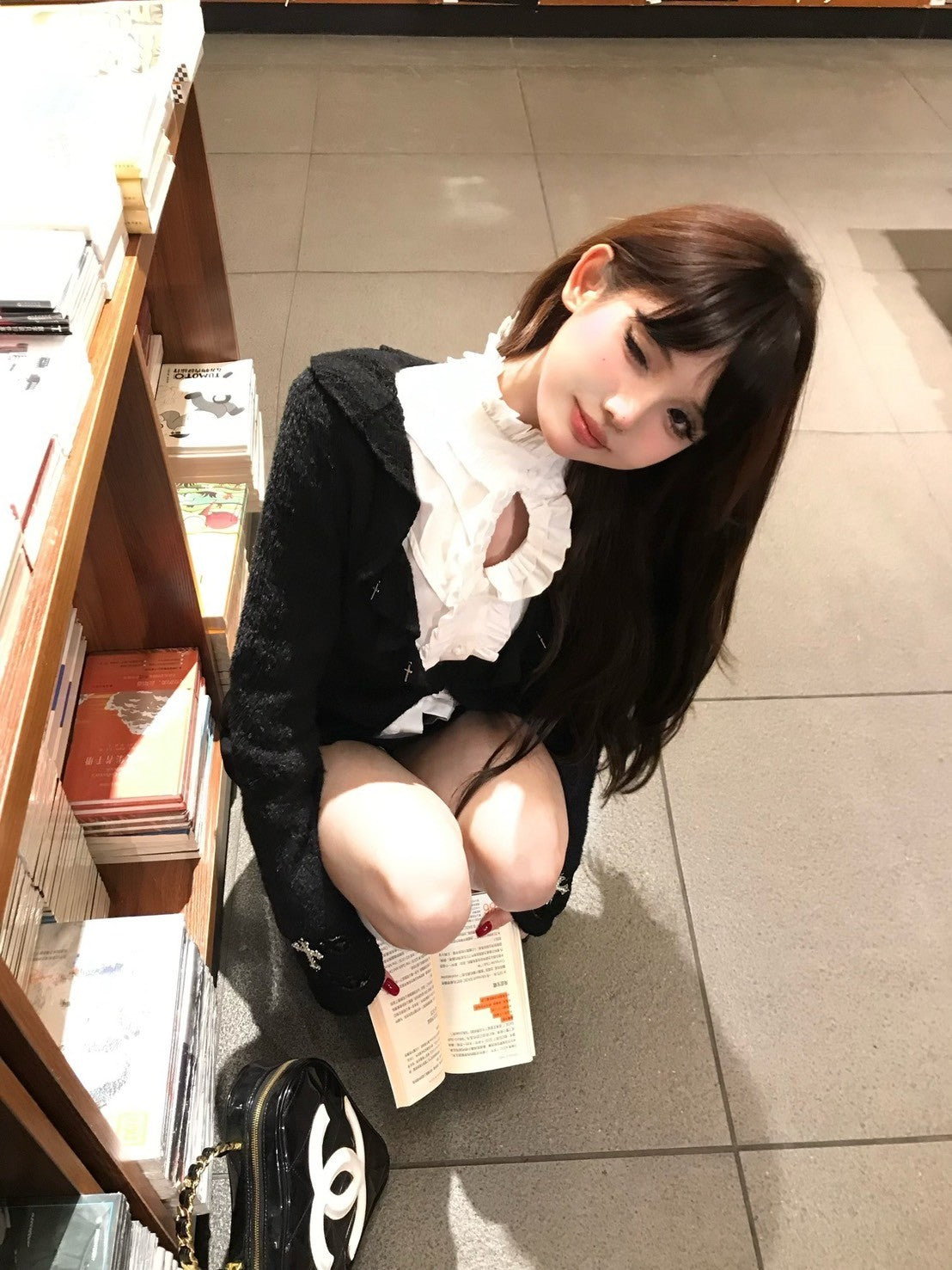 ''Na+''暗黑歌德 花邊修身白襯衫 厚磅毛衣外套 顯瘦黑色半身裙