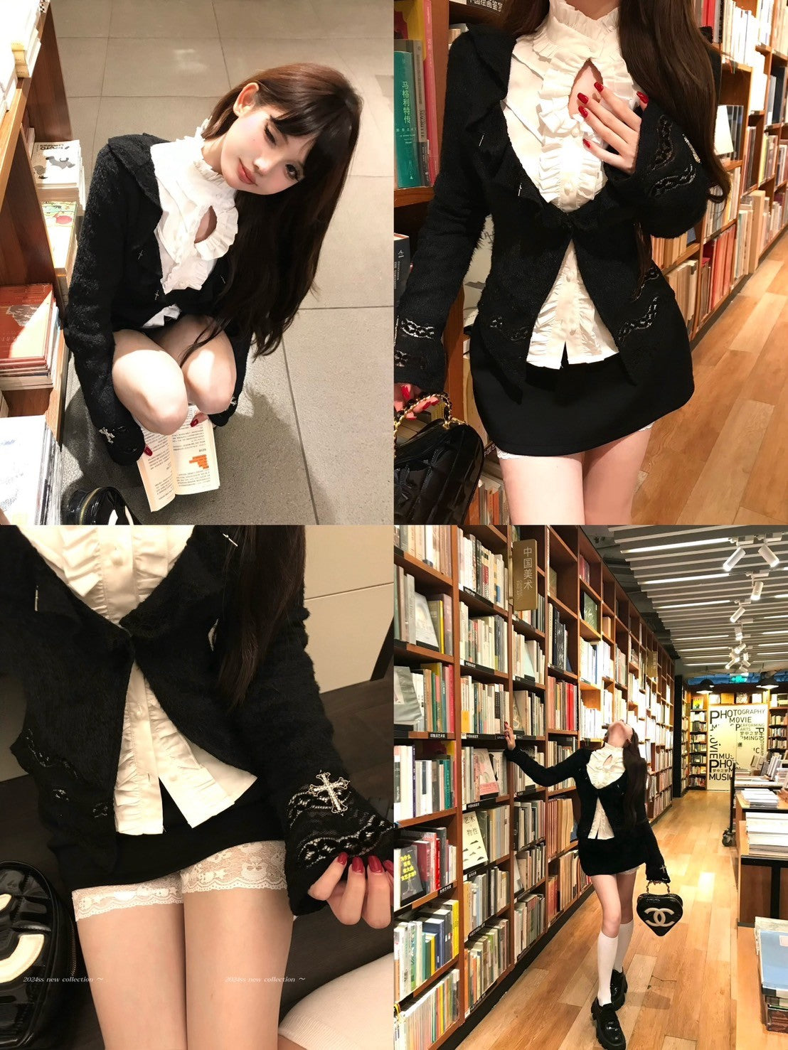 ''Na+''暗黑歌德 花邊修身白襯衫 厚磅毛衣外套 顯瘦黑色半身裙