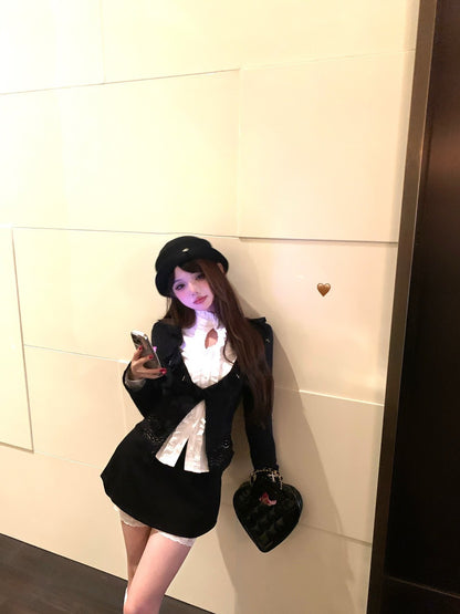 ''Na+''暗黑歌德 花邊修身白襯衫 厚磅毛衣外套 顯瘦黑色半身裙