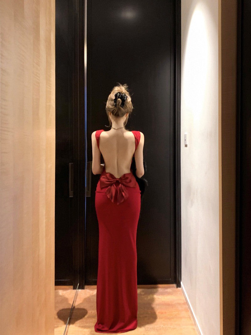 NA+ 聖誕宴 性感蝴蝶結美背禮服裙 紅
