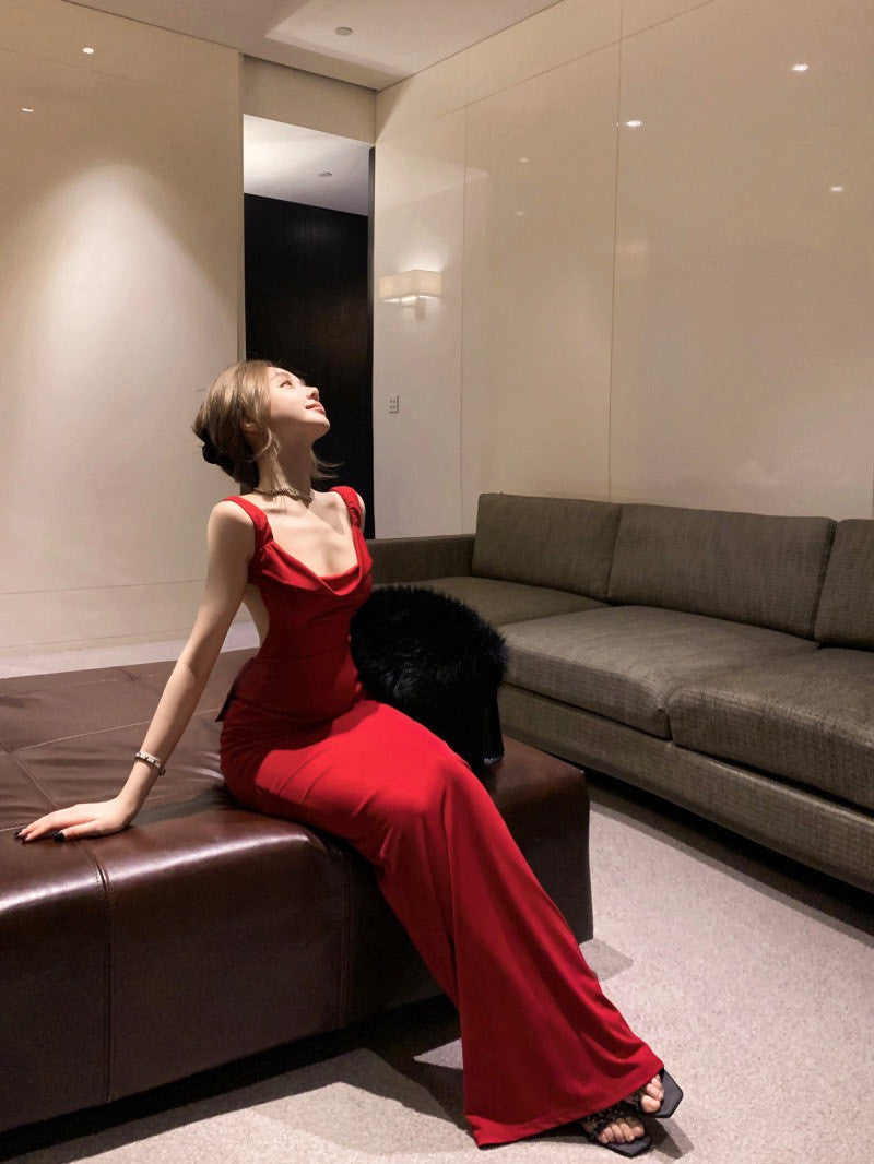 NA+ 聖誕宴 性感蝴蝶結美背禮服裙 紅