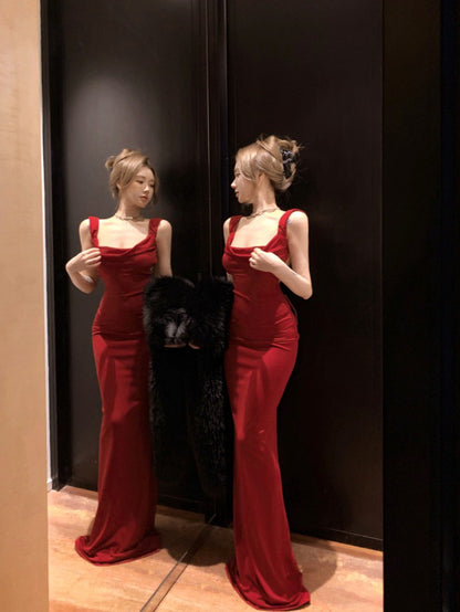 NA+ 聖誕宴 性感蝴蝶結美背禮服裙 紅