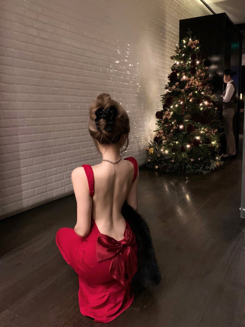 NA+ 聖誕宴 性感蝴蝶結美背禮服裙 紅