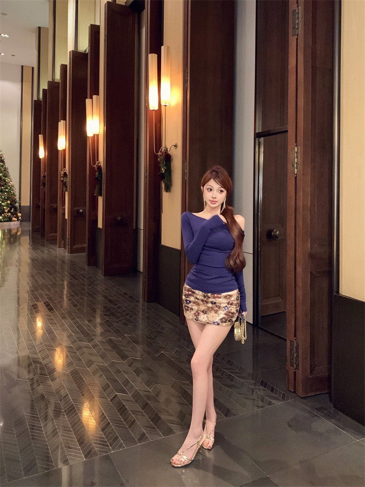 ''Na+''千禧辣妹 慵懶斜肩緊身上衣 復古半身裙