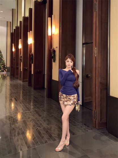 ''Na+''千禧辣妹 慵懶斜肩緊身上衣 復古半身裙