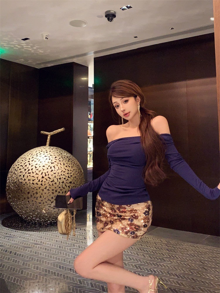 ''Na+''千禧辣妹 慵懶斜肩緊身上衣 復古半身裙