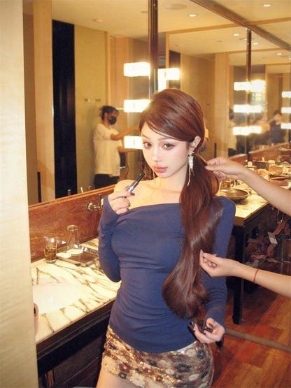 ''Na+''千禧辣妹 慵懶斜肩緊身上衣 復古半身裙