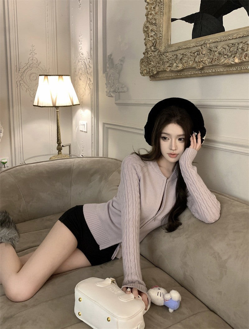 ''Na+''溫柔感 麻花針織雙拉鍊圓領外套