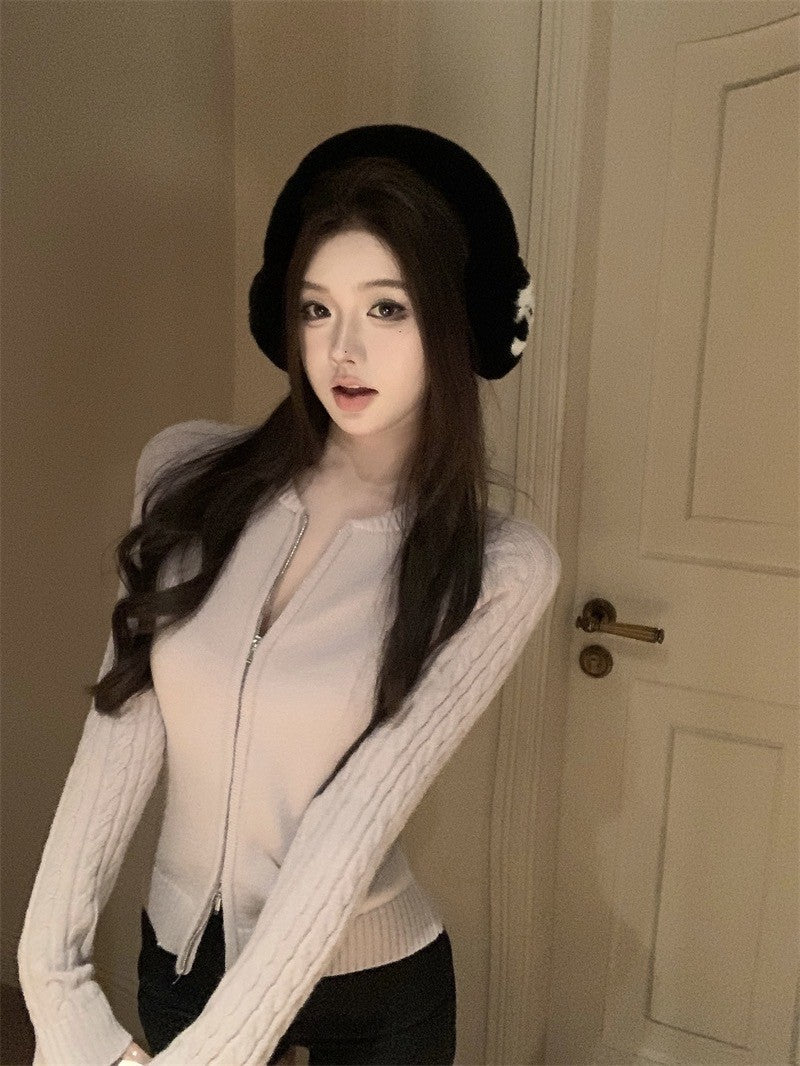 ''Na+''溫柔感 麻花針織雙拉鍊圓領外套