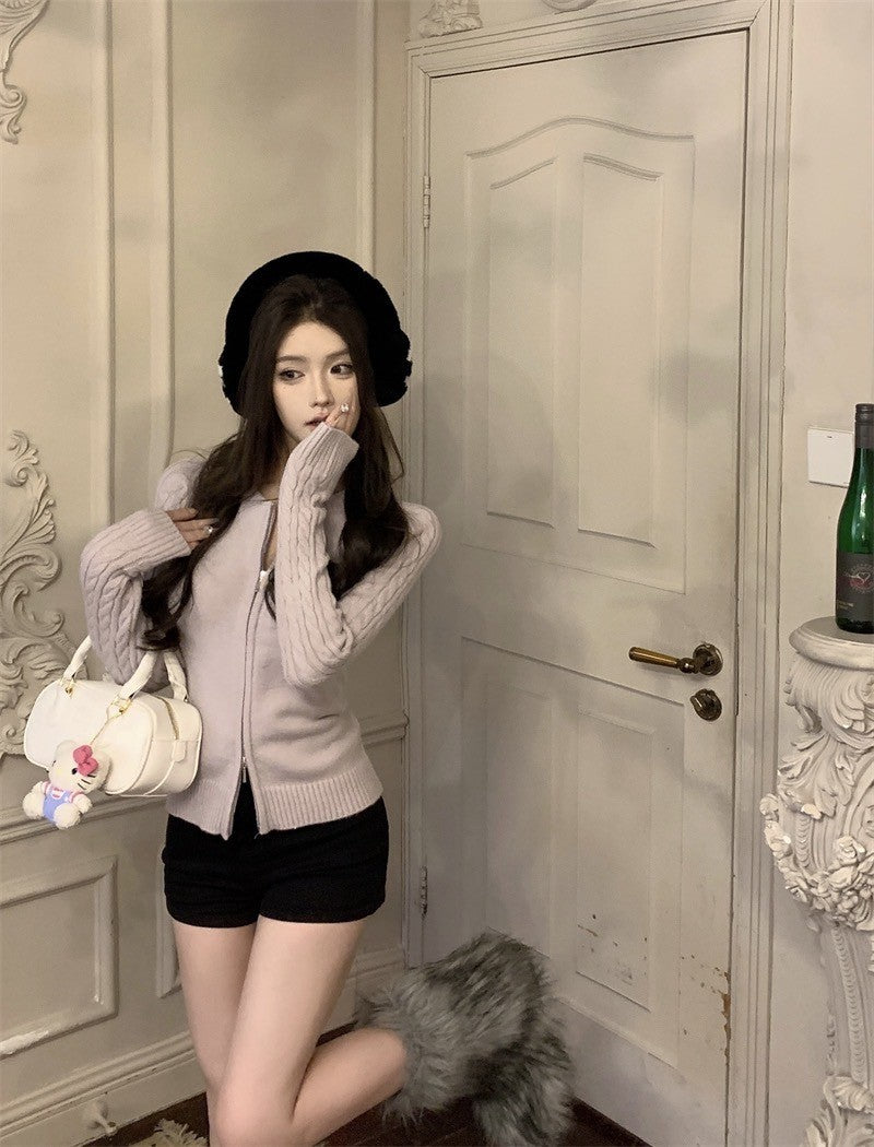 ''Na+''溫柔感 麻花針織雙拉鍊圓領外套