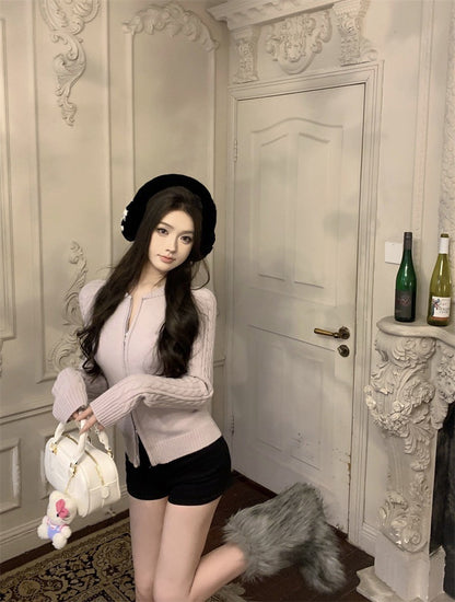 ''Na+''溫柔感 麻花針織雙拉鍊圓領外套