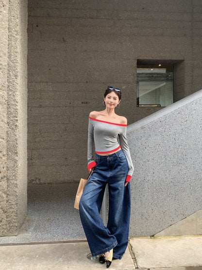 ''Na+''不分季節當辣妹 撞色包邊一字領彈力上衣 淺灰紅