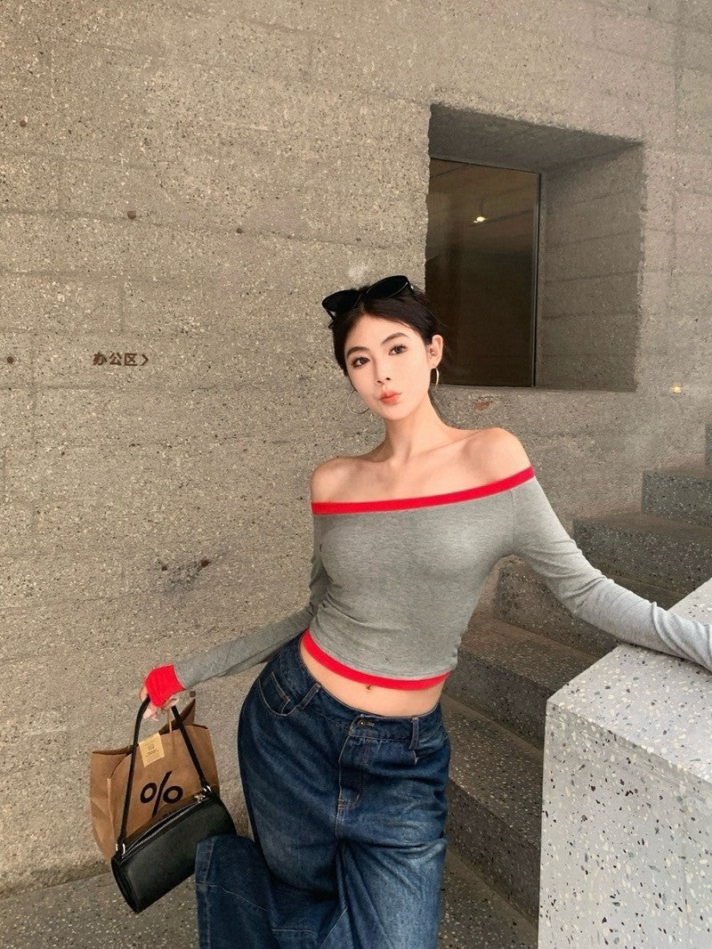 ''Na+''不分季節當辣妹 撞色包邊一字領彈力上衣 淺灰紅