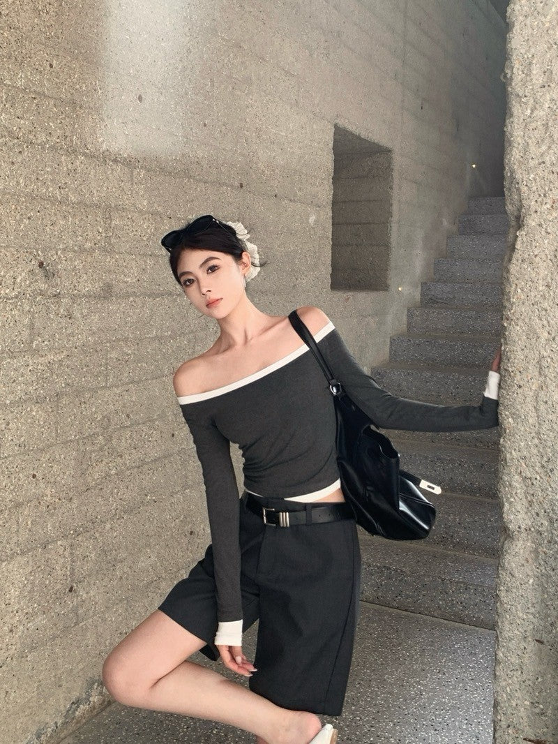 ''Na+''不分季節當辣妹 撞色包邊一字領彈力上衣 黑/深灰