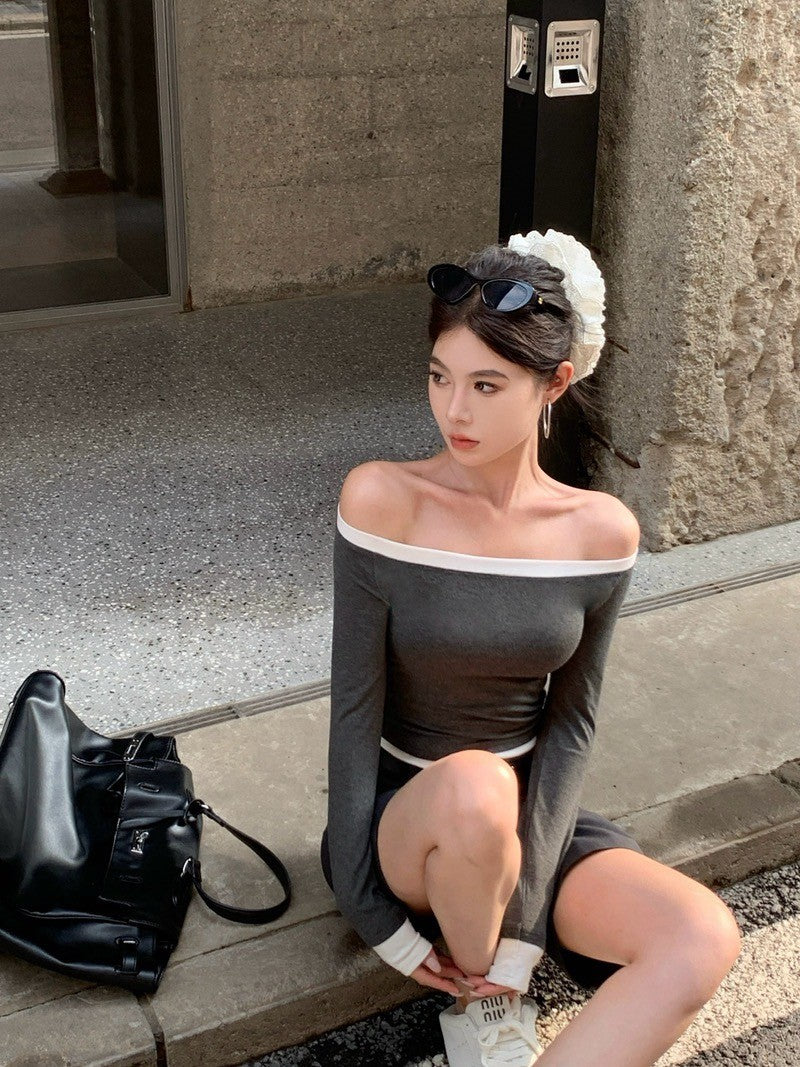 ''Na+''不分季節當辣妹 撞色包邊一字領彈力上衣 黑/深灰