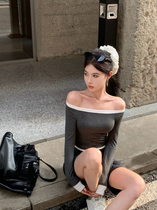 ''Na+''不分季節當辣妹 撞色包邊一字領彈力上衣 黑/深灰