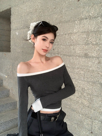 ''Na+''不分季節當辣妹 撞色包邊一字領彈力上衣 黑/深灰