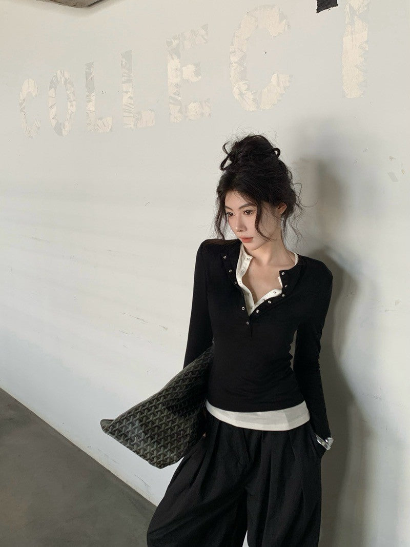 "Na+"韓系假兩件式撞色排扣長袖上衣 黑