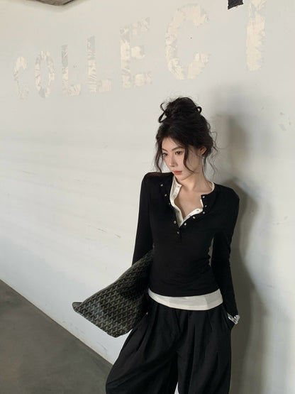"Na+"韓系假兩件式撞色排扣長袖上衣 黑
