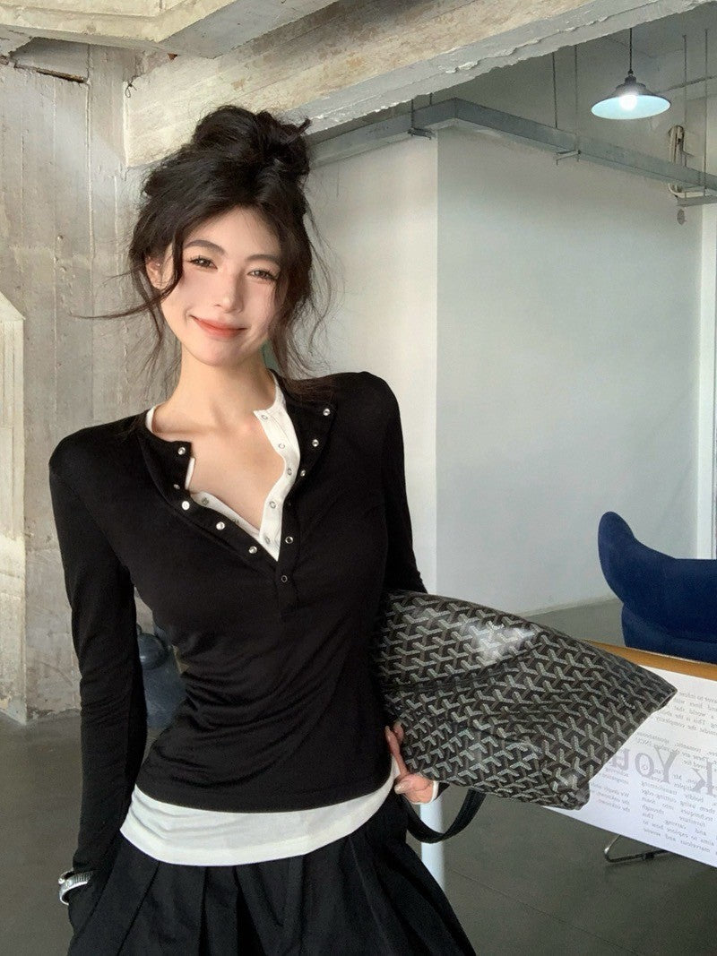 "Na+"韓系假兩件式撞色排扣長袖上衣 黑