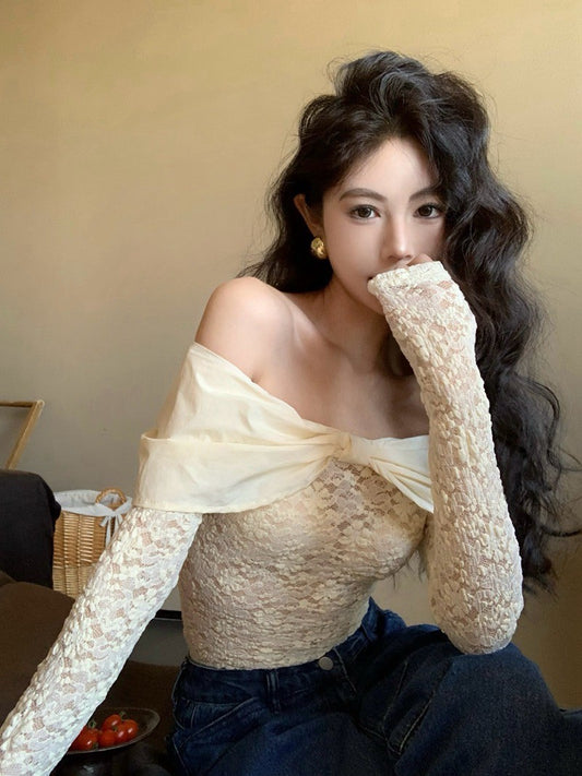 ''Na+''芭蕾舞蹈生 提花蝴蝶結拼接領上衣 杏