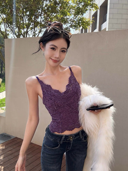 NA+ 純慾絲絨雕花打底修身背心 紫/咖