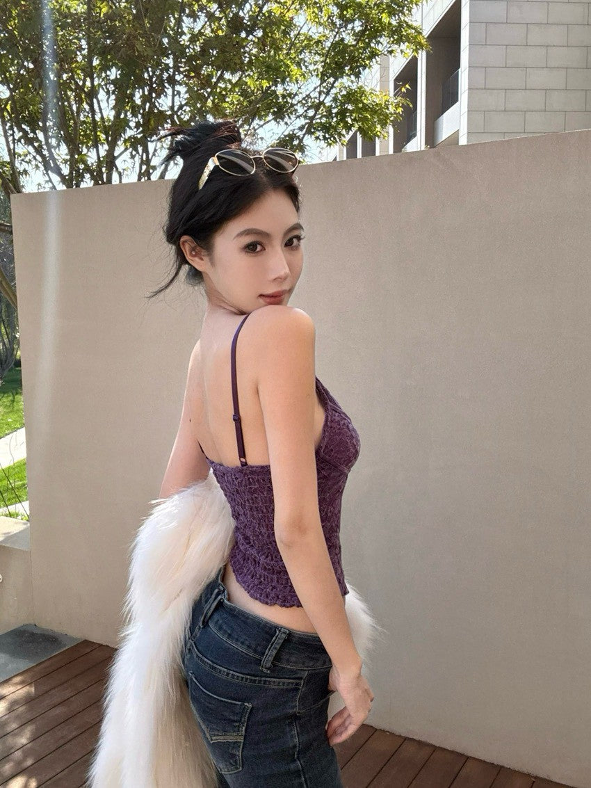 NA+ 純慾絲絨雕花打底修身背心 紫/咖