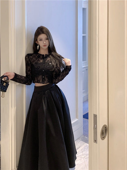 ''Na+''定製午夜 顯瘦蕾絲短上衣 傘裙擺半身裙 黑