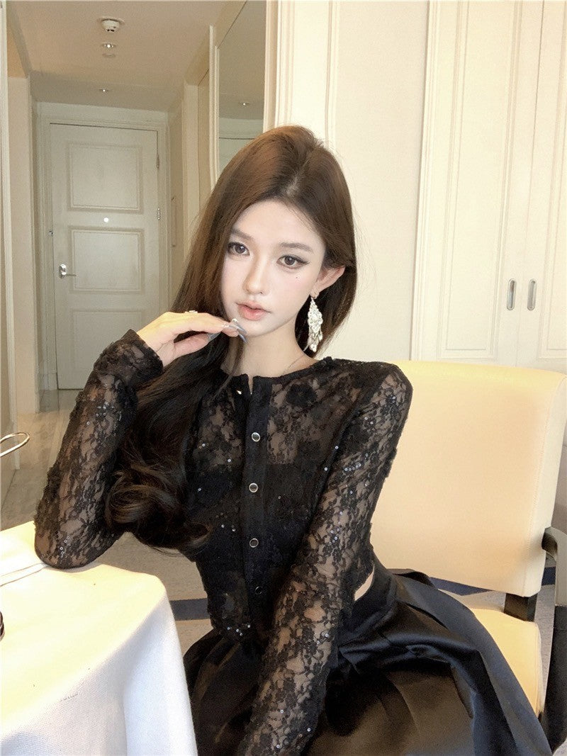 ''Na+''定製午夜 顯瘦蕾絲短上衣 傘裙擺半身裙 黑