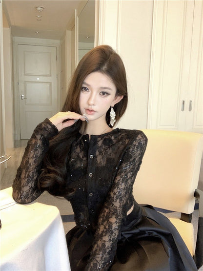 ''Na+''定製午夜 顯瘦蕾絲短上衣 傘裙擺半身裙 黑