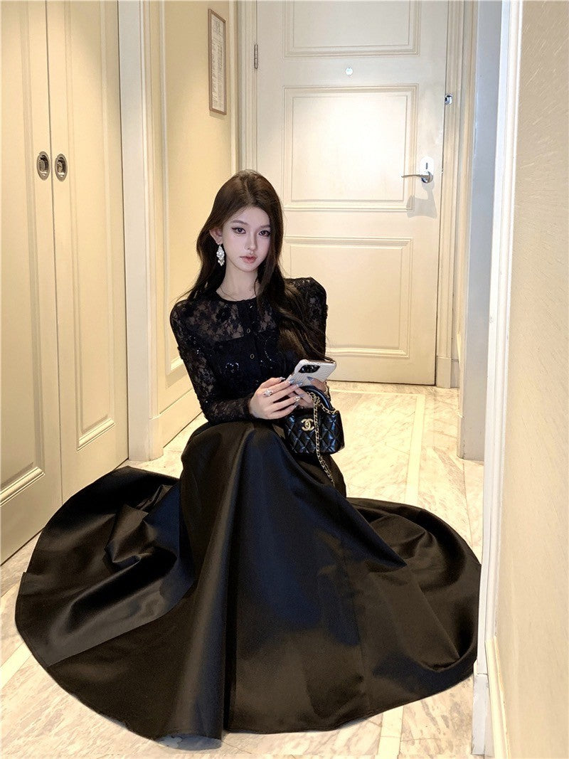 ''Na+''定製午夜 顯瘦蕾絲短上衣 傘裙擺半身裙 黑