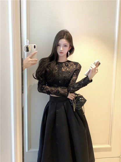 ''Na+''定製午夜 顯瘦蕾絲短上衣 傘裙擺半身裙 黑