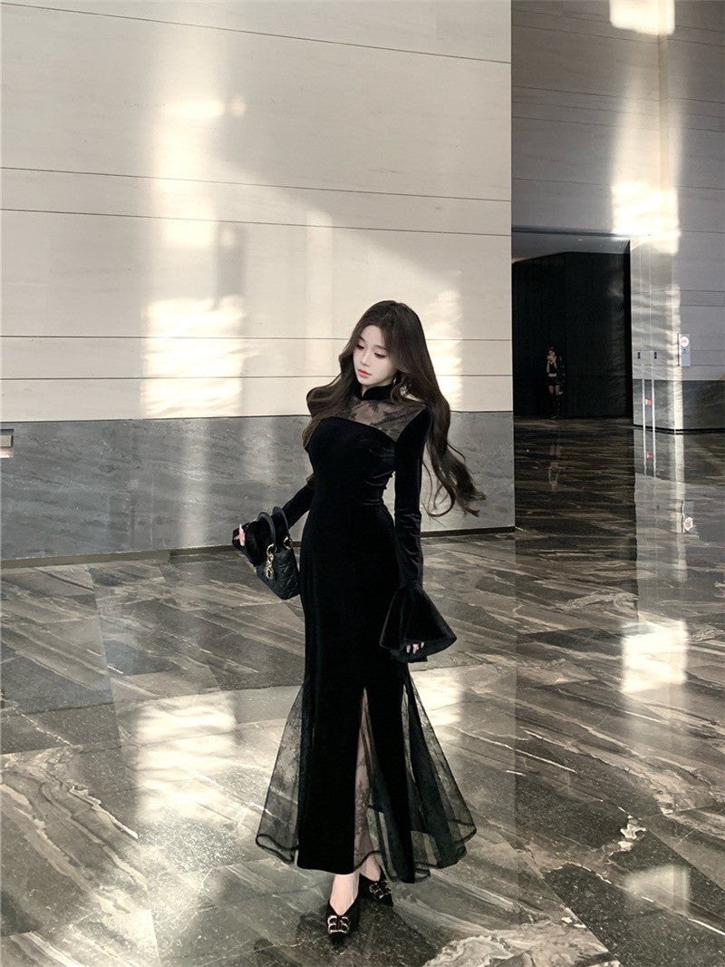 ''Na+''步步蓮升 復古旗袍式拼接絲絨連衣裙 黑