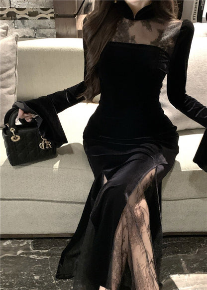 ''Na+''步步蓮升 復古旗袍式拼接絲絨連衣裙 黑