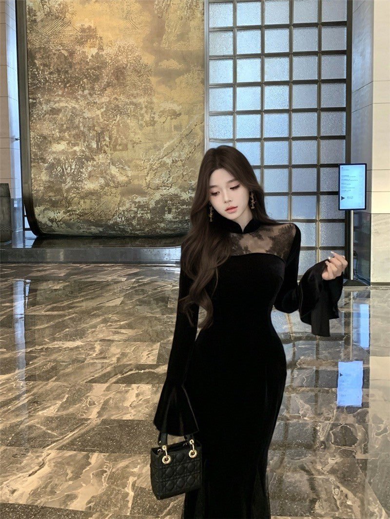 ''Na+''步步蓮升 復古旗袍式拼接絲絨連衣裙 黑