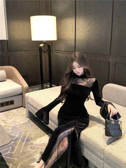 ''Na+''步步蓮升 復古旗袍式拼接絲絨連衣裙 黑