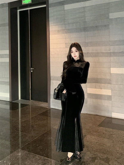 ''Na+''步步蓮升 復古旗袍式拼接絲絨連衣裙 黑