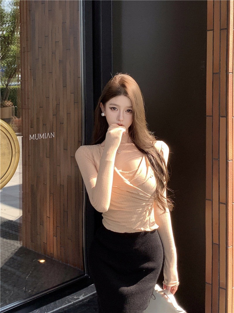 ''Na+''純色愛戀 復古波浪花邊收腰彈力上衣 芥末綠/奶杏色