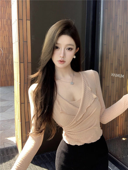 ''Na+''純色愛戀 復古波浪花邊收腰彈力上衣 芥末綠/奶杏色